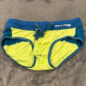 Brave Person Men's Blue and Yellow Swim Trunks